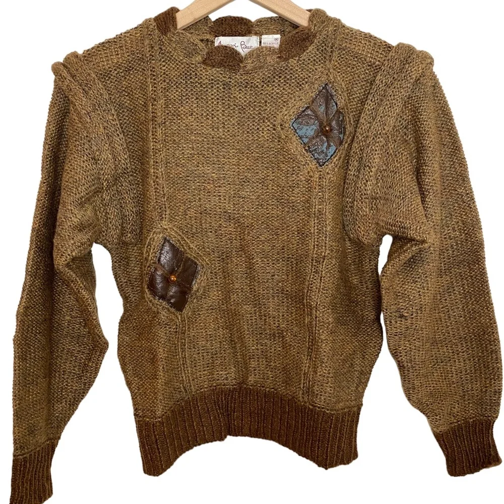 NEW Women’s Vintage Maori Bee Sweater Brown Leather Patchwork HandKnit - Picture 4 of 11